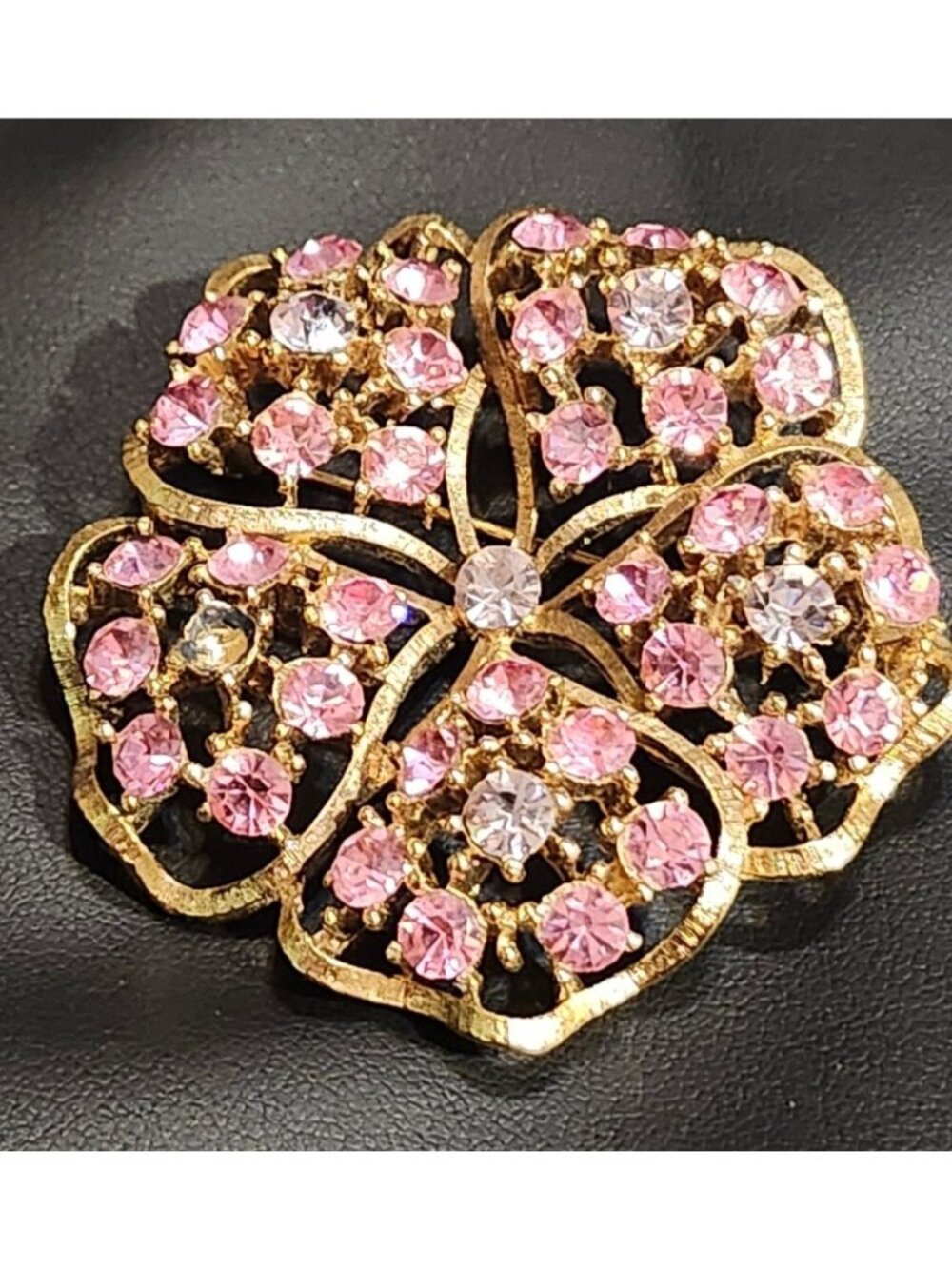 Vintage Pink & Clear Rhinestone Filigree Pin Brooch Gold-Tone Floral Design READ